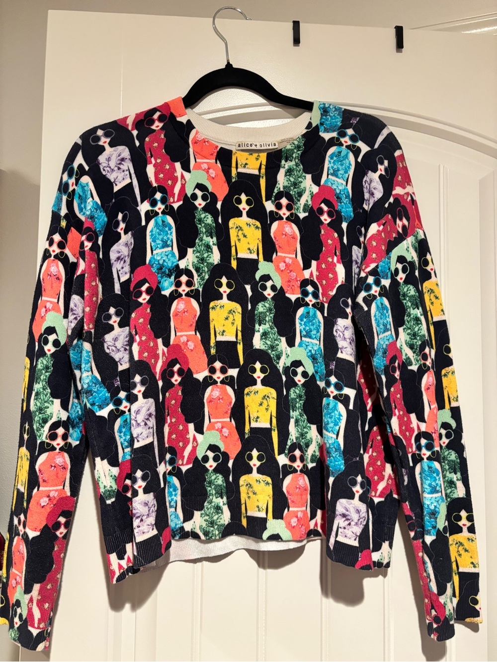 Alice + Olivia Multicolor Graphic Stace Face Crewneck Sweater with Black Base